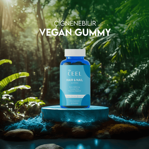 Vita CeeL Hair and Nail Gummies, canlı renklerle tropikal bir ortamda saç ve tırnak sağlığını destekleyen jel vitamin görseli.