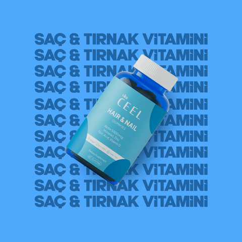 Vita CeeL Hair and Nail Gummies, mavi arka plan üzerinde saç ve tırnak sağlığını vurgulayan metinle birlikte ürün şişesi.