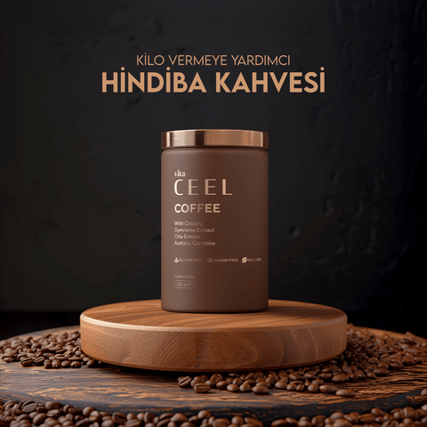 Vita Ceel Hindiba Kahvesi-120 Gr. kutusu ve kahve çekirdekleri, kilo vermeye yardımcı doğal içecek.