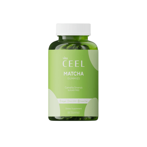 Vita Ceel Matcha Gummies dietary supplement bottle, sugar-free matcha gummies.