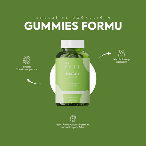 Vita Ceel Matcha Gummies, antioksidan ve kafein içeren çiğnenebilir jelibonlar.