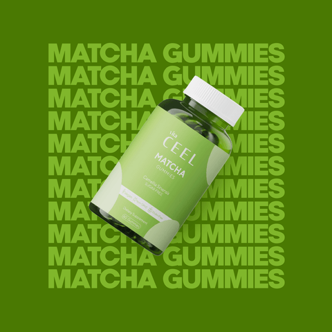 Vita Ceel Matcha Gummies bottle against green background with matcha gummies text.