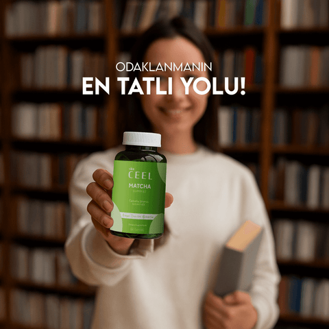 Vita Ceel Matcha Gummies bottle held by smiling woman in a library setting.