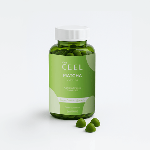 Vita Ceel Matcha Gummies in a green bottle, featuring sugar-free, vegan dietary supplements.
