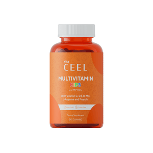 Vita Ceel Beyaz arka planda C, D3, B-Mix ve L-Arginin vitaminleri içeren Vita Ceel Multivitamin Kids Gummies şişesi.