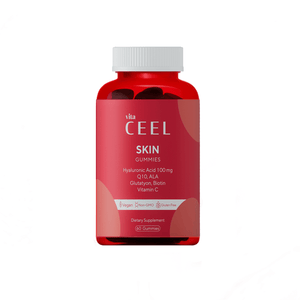 Vita CeeL Skin Gummies, hyaluronik asit, Q10, ALA, glutatyon, biotin ve C vitamini içeren cilt destekleyici jel vitamin şişesi.