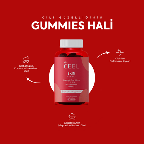 Vita Ceel Skin Gummies şişesi, cilt sağlığına yararlı aktif içeriklerle birlikte.