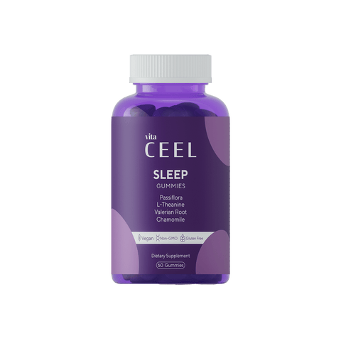 Vita CeeL Sleep Gummies, passiflora, L-teanin, kediotu ve papatya içeren uyku destekleyici jel vitamin şişesi.