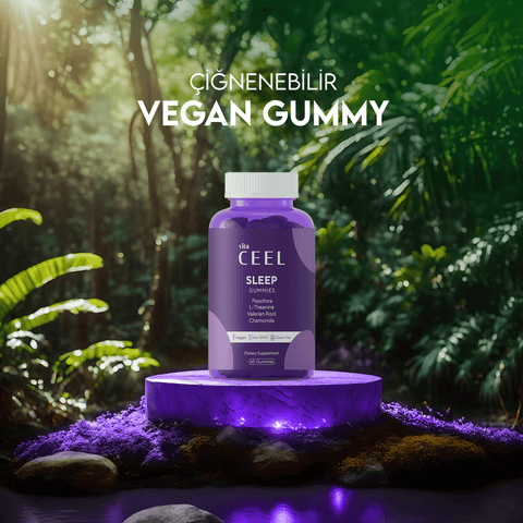 Vita CeeL Sleep Gummies, tropikal ortamda sergilenen, aktif içerikleri vurgulanan vegan uyku jel vitaminleri.