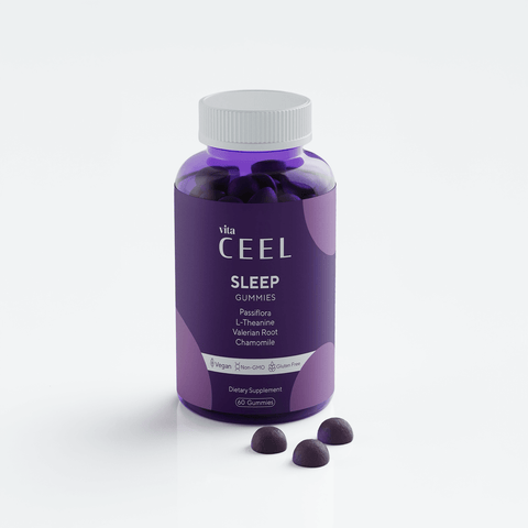 Vita CeeL Sleep Gummies, passiflora, L-teanin, kediotu ve papatya içeren jel vitamin takviyesi şişesi