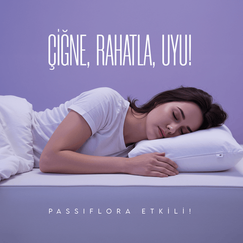 Kişi, Vita Ceel Sleep Gummies ile uykuya dalıyor, şişe ve çiğneme tavsiyesi yazısı.