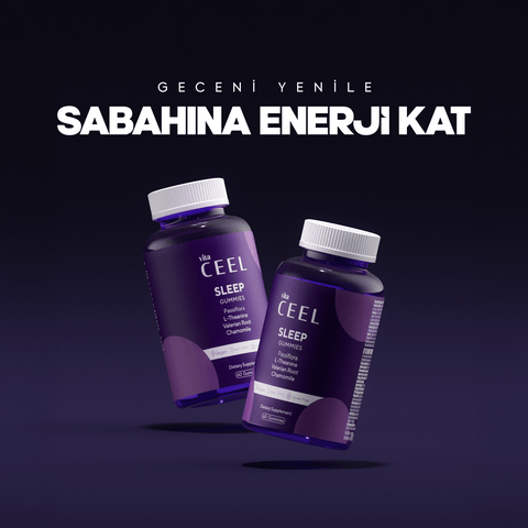 Vita Ceel Sleep Gummies ürün şişeleri, uykunuzu destekleyen doğal içerikler ile uyku kalitenizi artırır.