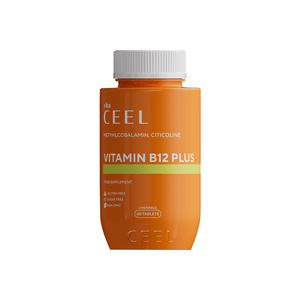 Vita Ceel Vitamin B12 Plus supplement bottle, chewable tablets, promotes energy and nerve health.