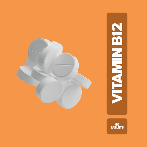 Vita Ceel Vitamin B12 bottles and tablets, 60 count, on an orange background.