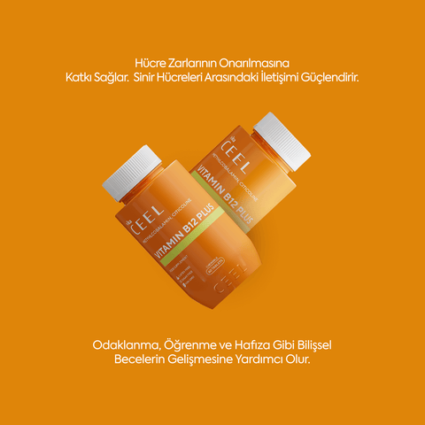Vita Ceel Vitamin B12 şişeleri, hücre zarlarını onarıma yardımcı ve bilişsel becerileri geliştiren vitamin.