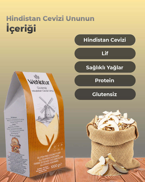 WeNatur Glutensiz Hindistan Cevizi Unu 1000 Gr paketi ile sağlıklı yağlar, lif ve protein içeriği.