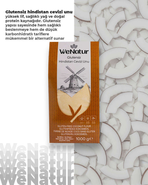 WeNatur Glutensiz Hindistan Cevizi Unu 1000 Gr, doğal, yüksek lifli, ketojenik diyet için ideal un alternatifi.
