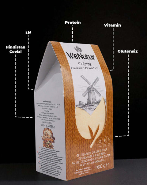 WeNatur Glutensiz Hindistan Cevizi Unu 1000 Gr paketi, besin değerleri ile birlikte, doğal hindistan cevizi ununu temsil ediyor.