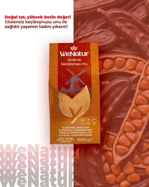 WeNatur Glutensiz Keçiboynuzu Unu 1000 Gr. ambalajı ile doğal tat ve besin değeri.