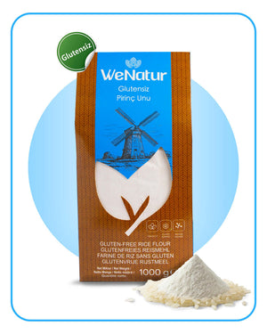 WeNatur Glutensiz Pirinç Unu 1000 Gr, gluten-free rice flour package with windmill design.
