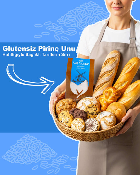 WeNatur Glutensiz Pirinç Unu 1000 Gr ile yapılan çeşitli unlu mamuller sepeti.
