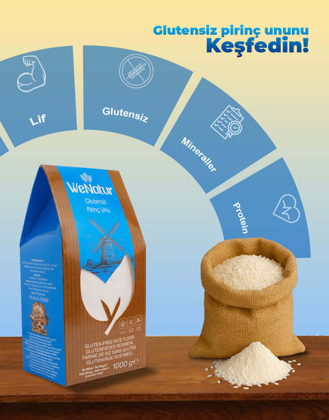 WeNatur Glutensiz Pirinç Unu 1000 Gr. ambalajı ve pirinç unuyla dolu torba görüntüsü.