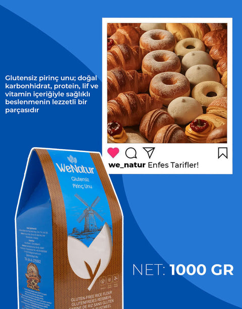 WeNatur Glutensiz Pirinç Unu 1000 Gr - gluten-free rice flour packaging with baked goods in background