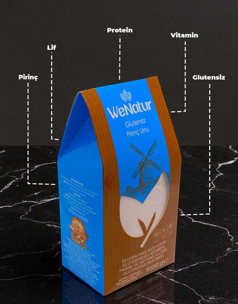 WeNatur Glutensiz Pirinç Unu 1000 Gr ambalajı, glutensiz, protein, vitamin ve lif içeriği ile sağlıklı beslenmeyi destekler.