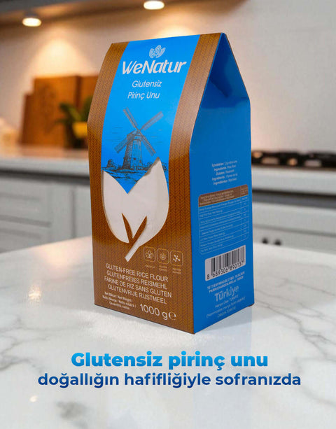 WeNatur Glutensiz Pirinç Unu 1000 Gr - glutensiz pirinç unu paketi mutfakta.