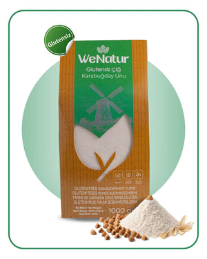 WeNatur Glutensiz Çiğ Karabuğday Unu 1000 Gr paketinin ön görünümü, doğal ve glutensiz un.