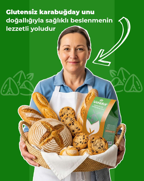 WeNatur Glutensiz Çiğ Karabuğday Unu 1000 Gr. ve sağlıklı, lezzetli ekmek çeşitleri ile dolu bir sepet.
