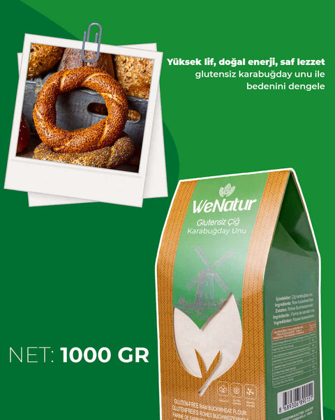WeNatur Glutensiz Çiğ Karabuğday Unu 1000 Gr - Doğal, sağlıklı ve lif bakımından zengin un ambalajı.