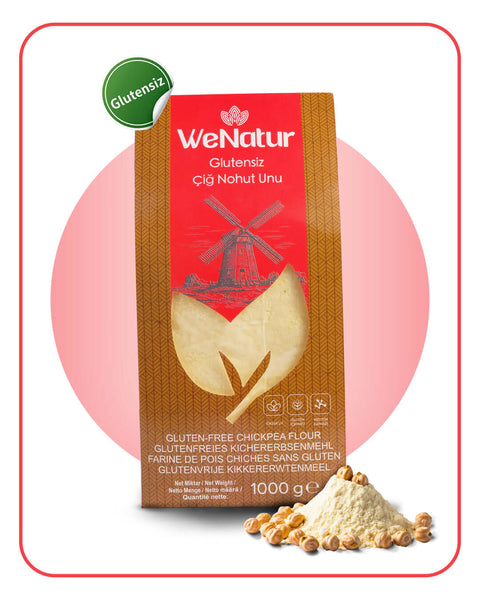 WeNatur Glutensiz Çiğ Nohut Unu 1000 Gr, gluten-free chickpea flour packaging with logo and product information.