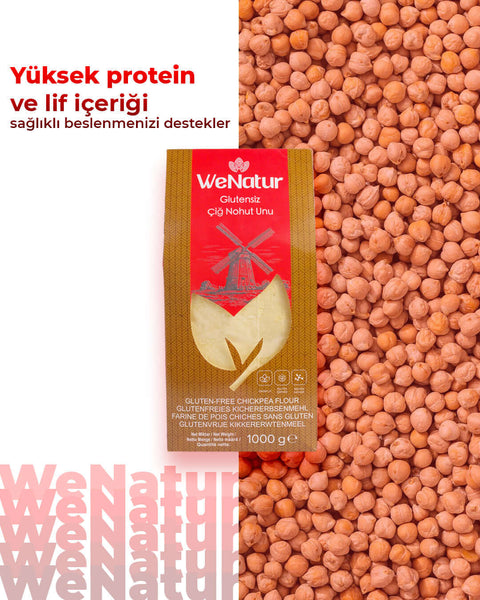 WeNatur Glutensiz Çiğ Nohut Unu 1000 Gr ambalajının nohutlarla birlikte görüntüsü.