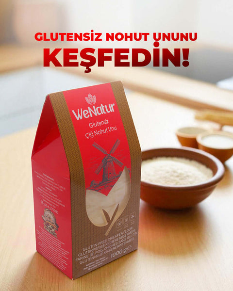 WeNatur Glutensiz Çiğ Nohut Unu 1000 Gr paketi, doğal nohut unu, glutensiz beslenme için ideal ürün.
