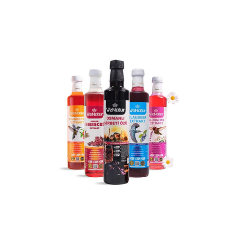 WeNatur Meyve ve Bitki Özü Seti - Kızılcık, Yaban Mersini, Hibiskus, Çiçek Karışımı ve Osmanlı Şerbeti özleri.