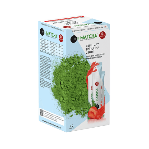 Yeşil Matcha Çayı Spirulina ve Çilek Aromalı – 20 Toz ambalajı ve içinde yer alan toz.