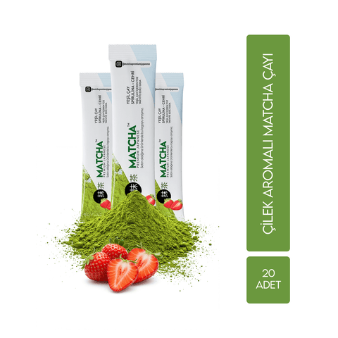 Yeşil Matcha Çayı Spirulina ve Çilek Aromalı – 20 Toz poşetleri ve tozunun görüntüsü.