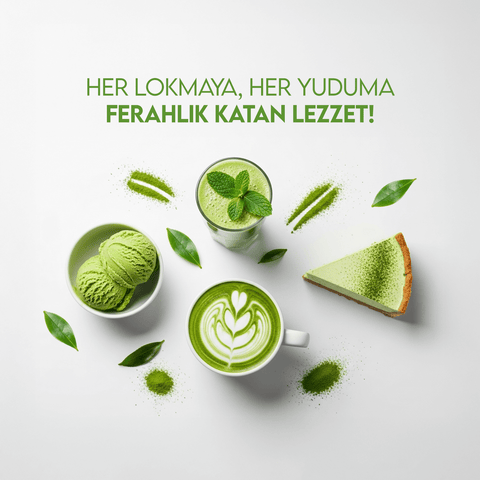 Yeşil Matcha Çayı Spirulina ve Çilek Aromalı – 20 Toz, ferahlatıcı içecekler ve tatlılar ile sunulmuş.