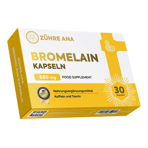 Zühre Ana Bromelain Kapsül ambalajı, 680 mg içerikli gıda takviyesi, 30 kapsül.