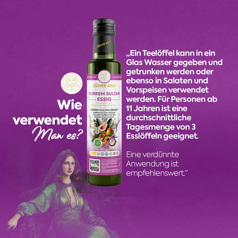 Zühre Ana Hürrem Sultan Sirkesi Doğal Fermantasyon bottle with usage instructions and ingredients on a purple background.