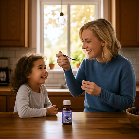 Zühre Ana Kara Mürver Şurubu packaging on a kitchen table with a woman giving a child a spoonful of syrup.