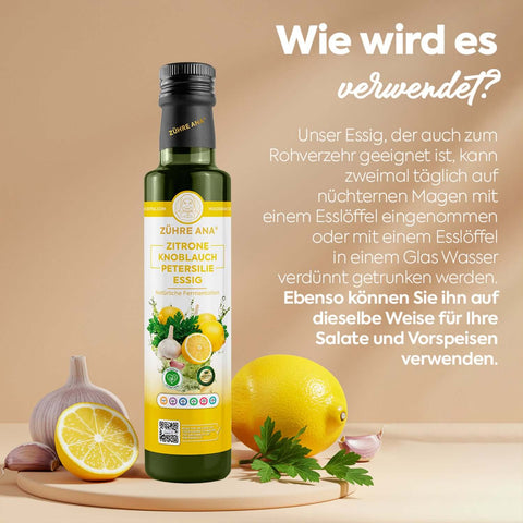 Zühre Ana Limon Sarımsak Maydanoz Sirkesi Doğal Fermantasyon şişesi üzerinde sarı limon ve sarımsak