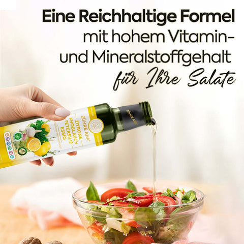 Zühre Ana Limon Sarımsak Maydanoz Sirkesi Doğal Fermantasyon Salata için zengin bir formül ile dökülüyor.