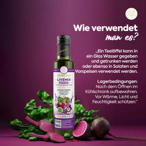 Zühre Ana Livemix Sirkesi Doğal Fermantasyon şişesi ve kullanım önerileri.