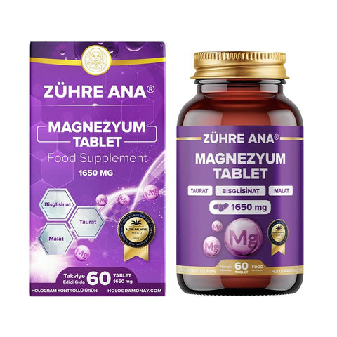 Zühre Ana Magnezyum Tablet 1650 MG, 60 tablet içeren gıda takviyesi, yüksek biyoyararlanma sağlayan magnezyum formları.