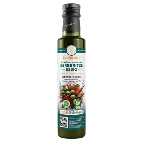 Zühre Ana Yeşil Cevizli Berberin Sirkesi Doğal Fermantasyon şişesi, yeşil ceviz ve doğal içeriklerle.