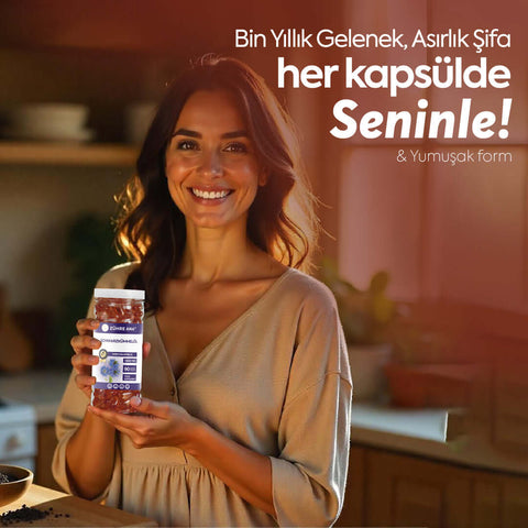 Zühre Ana Çörek Otu Yağı Softgel Kapsül tanıtımı, kullanıcı tarafından tutulmuş şişe.