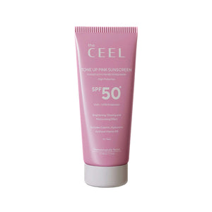 The Ceel Tone Up Pembe SPF 50 güneş kremi tüpü, Türkiye menşeli, cilt tonunu eşitleyen ve UVA-UVB koruması sağlayan ürün