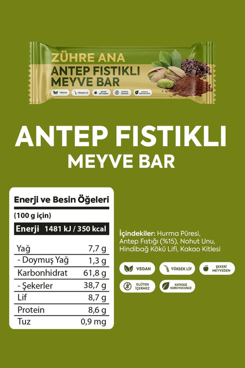 ANTEPT FISTIKLI MEYVE BAR 12 adet ambalajı, besin içeriği detayları ile birlikte.
